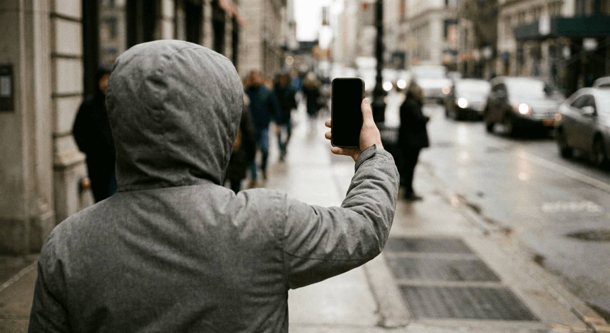 Persona de espaldas con capucha gris sosteniendo un teléfono en alto hacia una calle de la ciudad con peatones