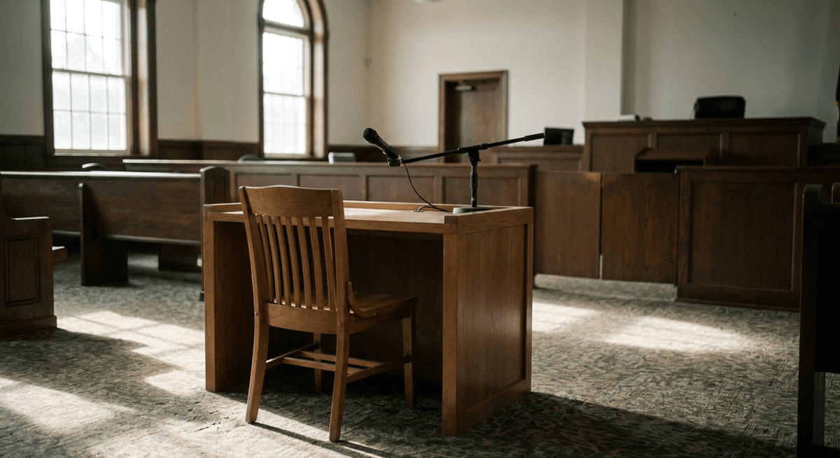 estrado de testigos vacío con una silla de madera y un micrófono en un pedestal en una sala de tribunal iluminada por el sol