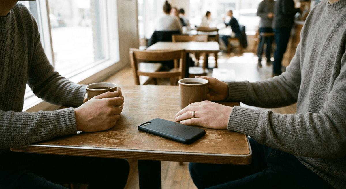 Dos personas en una mesa de cafetería con un teléfono boca abajo entre sus tazas de café