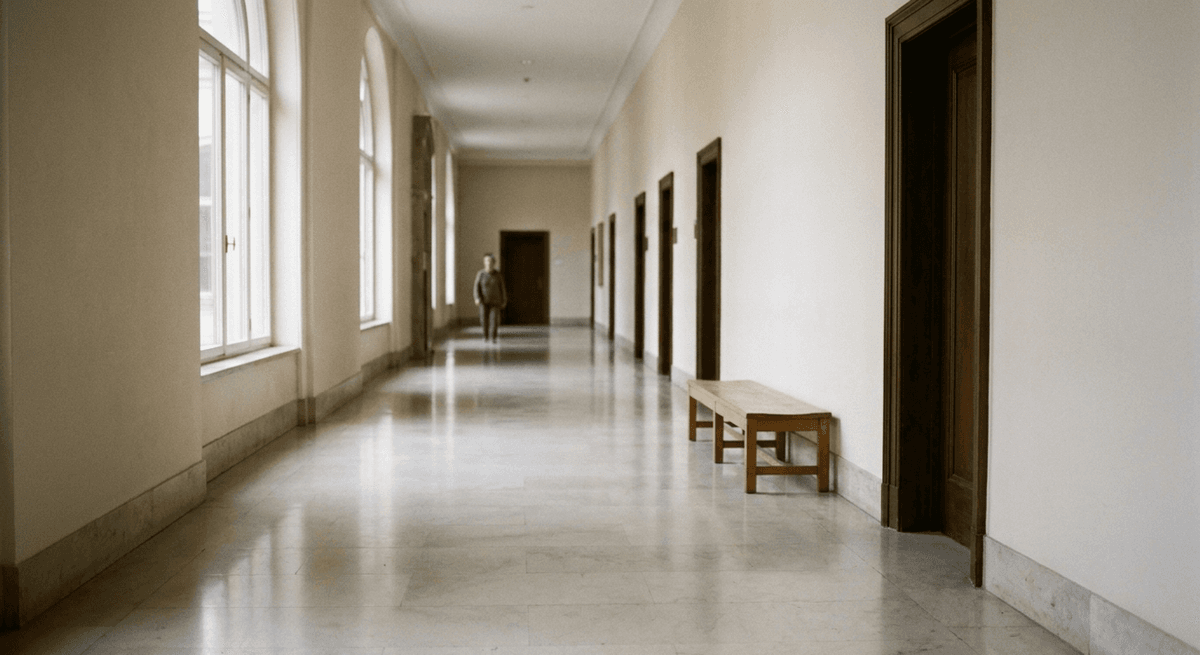 Pasillo tranquilo de mármol pulido con puertas altas de madera y un banco de madera liso