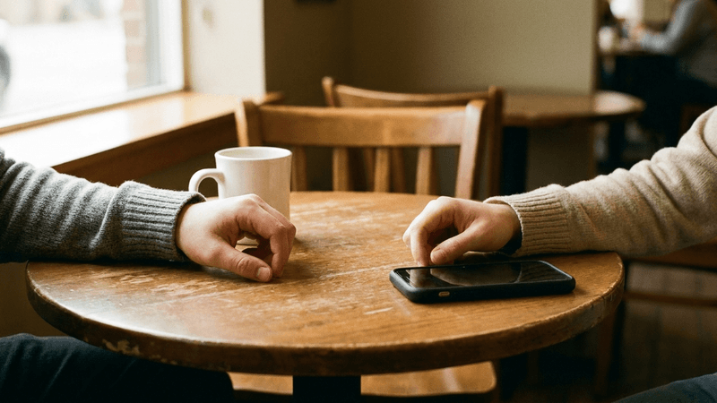 Dos pares de manos sobre una mesa redonda de madera en una cafetería, una junto a una taza de café y otra junto a un teléfono