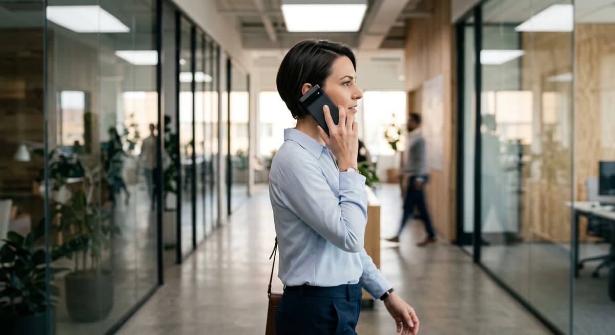 side profile of a woman in a business blouse holding a smartphone to her ear mid-call, walking through a sunlit office h