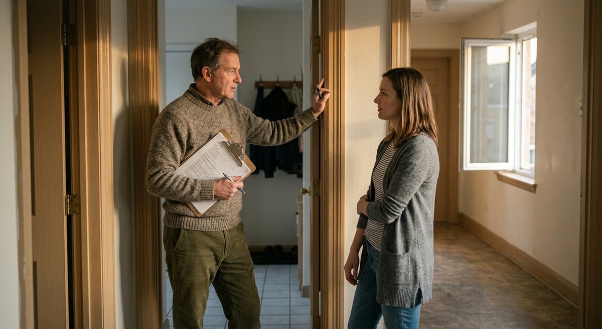 landlord with a clipboard standing in a doorway speaking with a tenant, threshold of an apartment visible behind, daylig