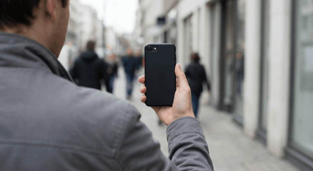 A person seen from behind holds up a plain black smartphone to record a busy city street