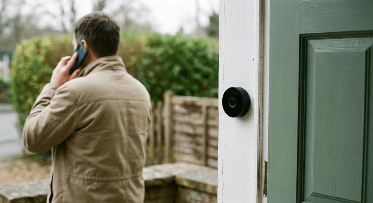A man in a beige jacket on a front doorstep talks on a phone beside a plain black doorbell camera