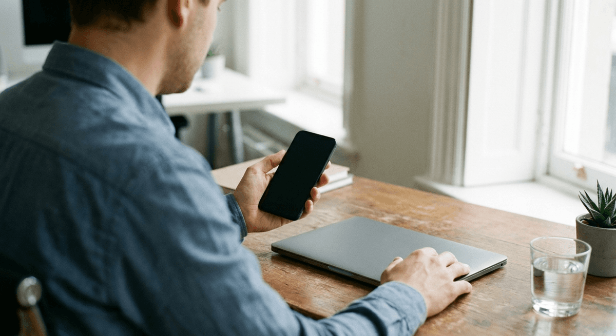 A person at a wooden desk holds a smartphone with a dark screen while the other hand rests on a closed laptop