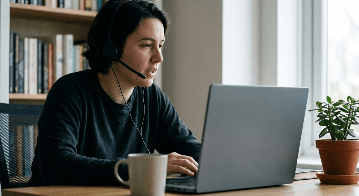 A person at a home desk speaking into a headset, laptop lid plain grey, mug and small plant nearby