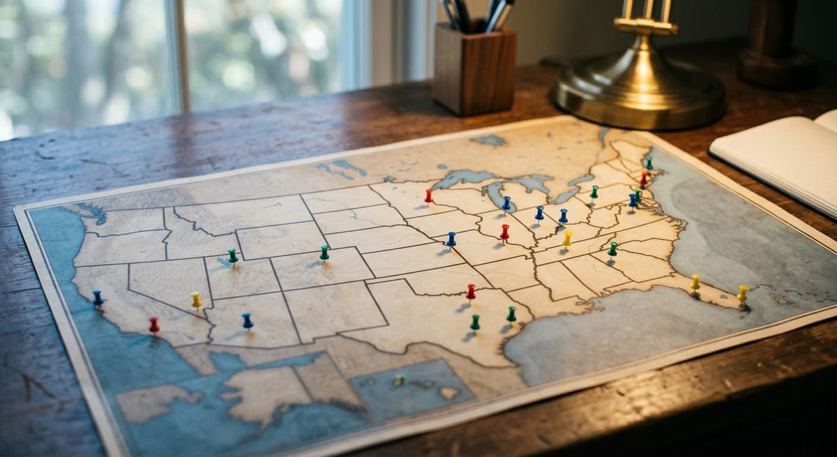 a printed map of the United States on a desk with colored pins