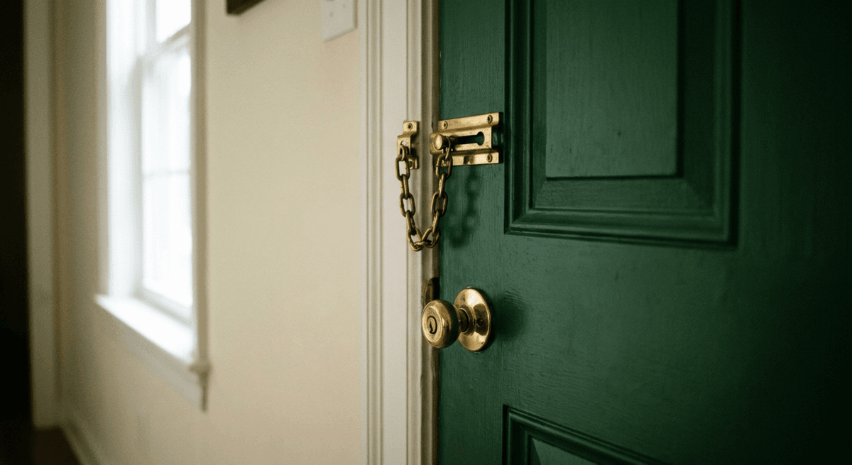 A green wooden front door seen from inside with a brass chain lock and knob