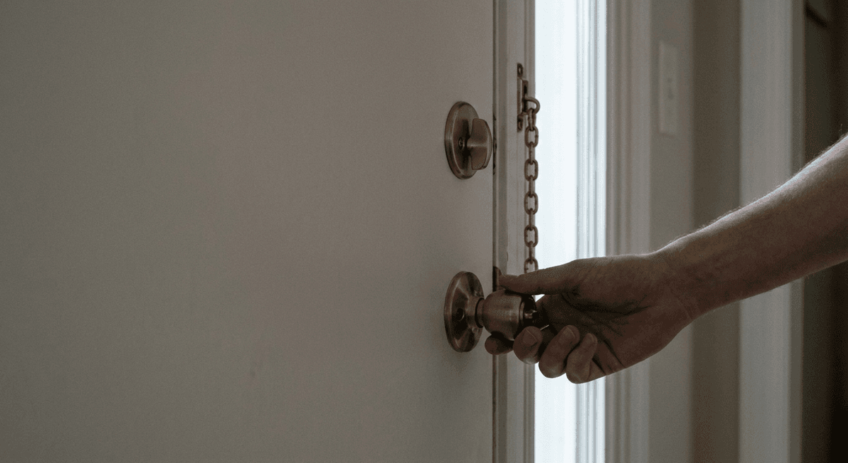 a hand turning the knob of a front door secured with a brass deadbolt and safety chain