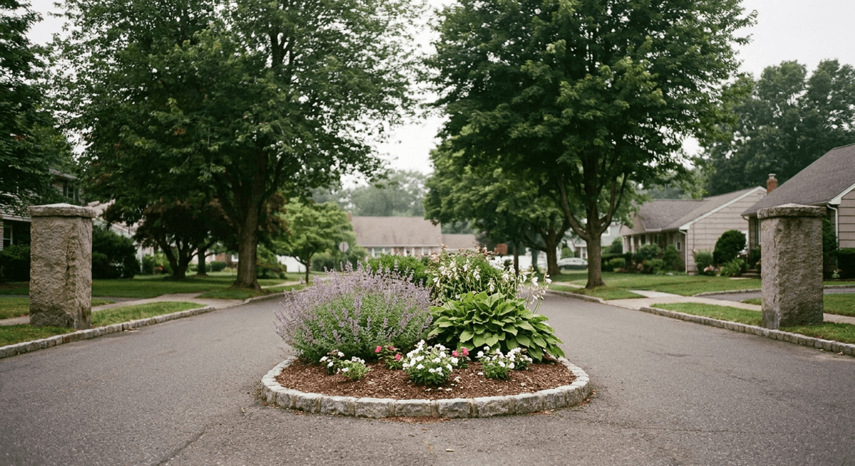 Landscaped residential street entrance with stone pillars and a planted flower median