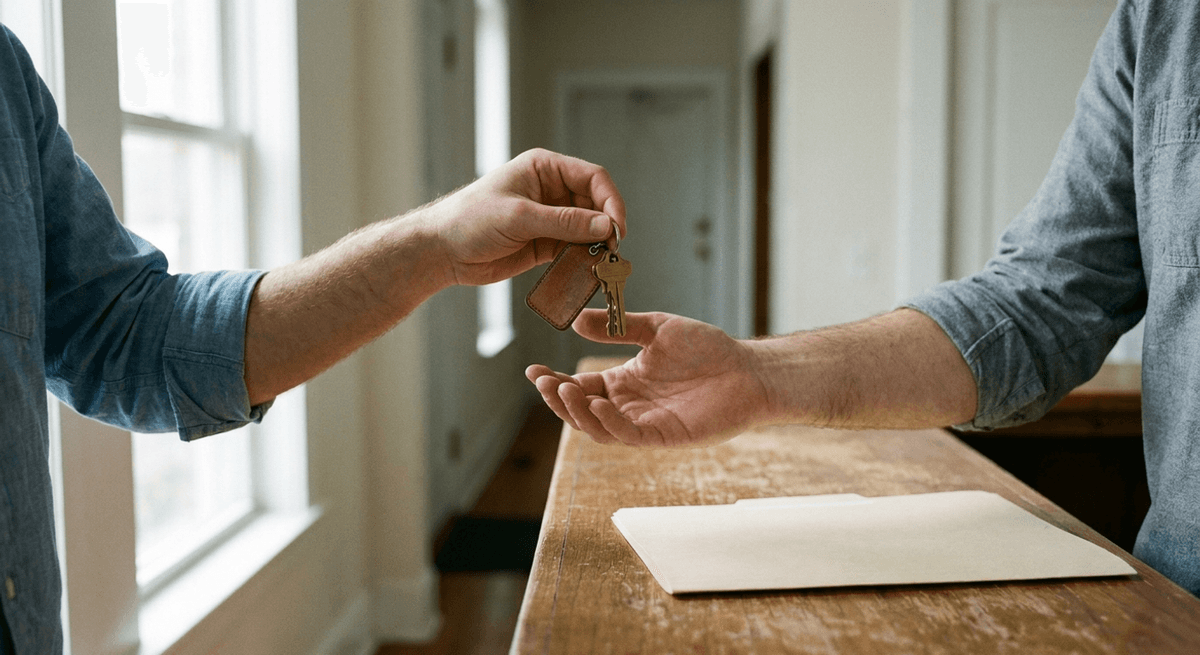A tenant hands a set of house keys to a landlord across a wooden counter