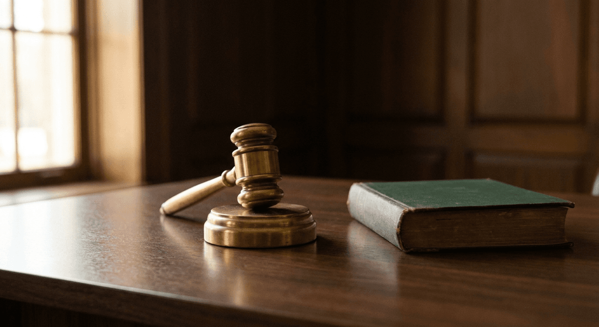 Brass gavel on its sound block beside a closed green book on a polished wooden desk