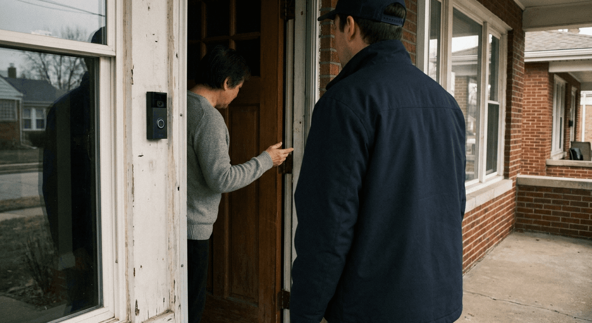 Resident at an open front door speaking with a visitor in a plain navy jacket, doorbell camera on the frame