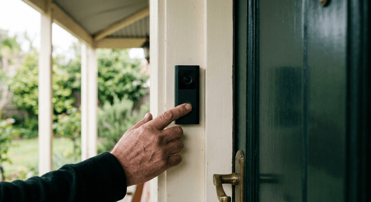 Mano que presiona un timbre con cámara negro y liso instalado en el marco de una puerta verde
