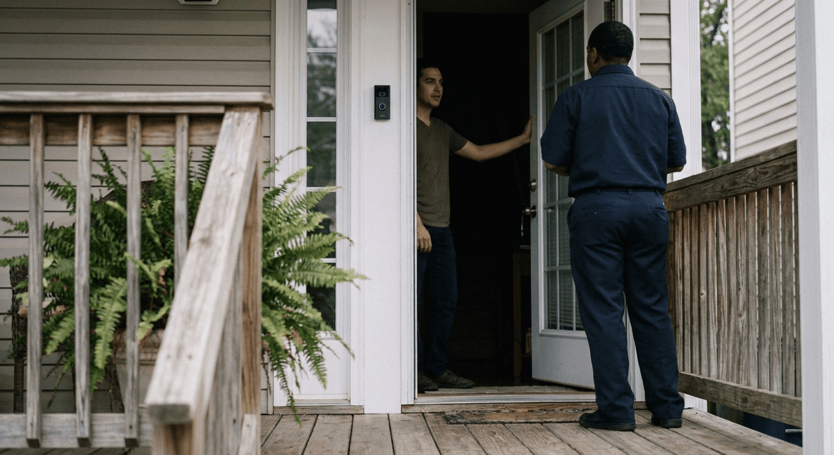 Officer in a plain navy uniform speaking with a resident at an open front door with a video doorbell on the frame