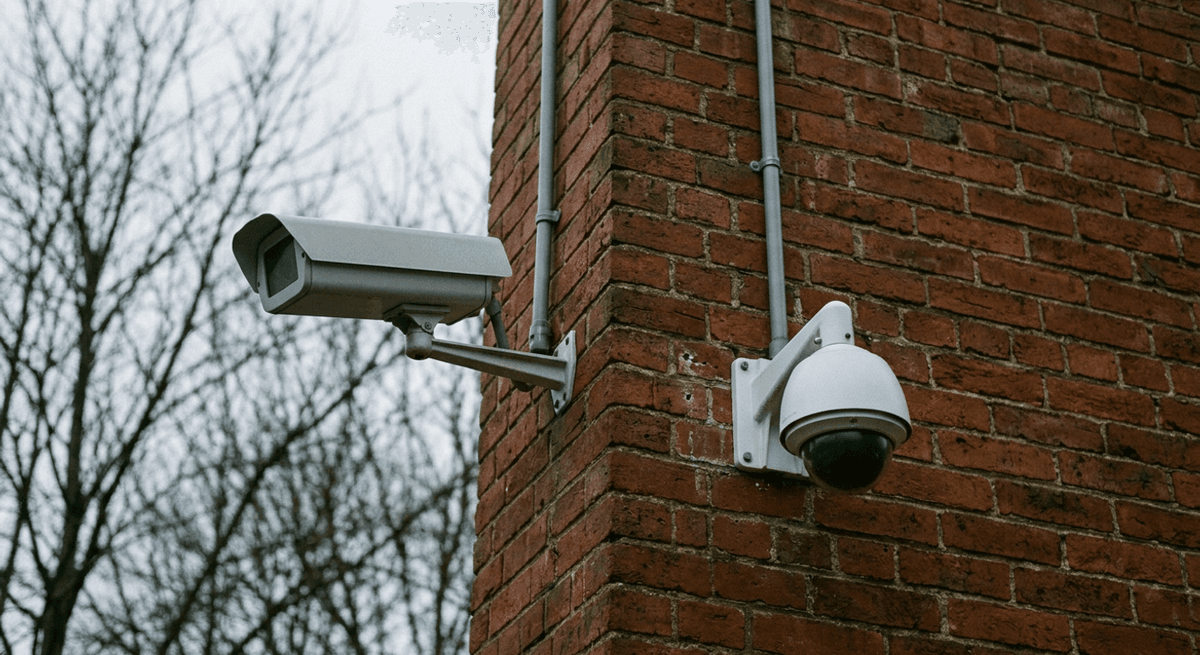 two security cameras, a bullet and a dome, mounted on a red brick building corner