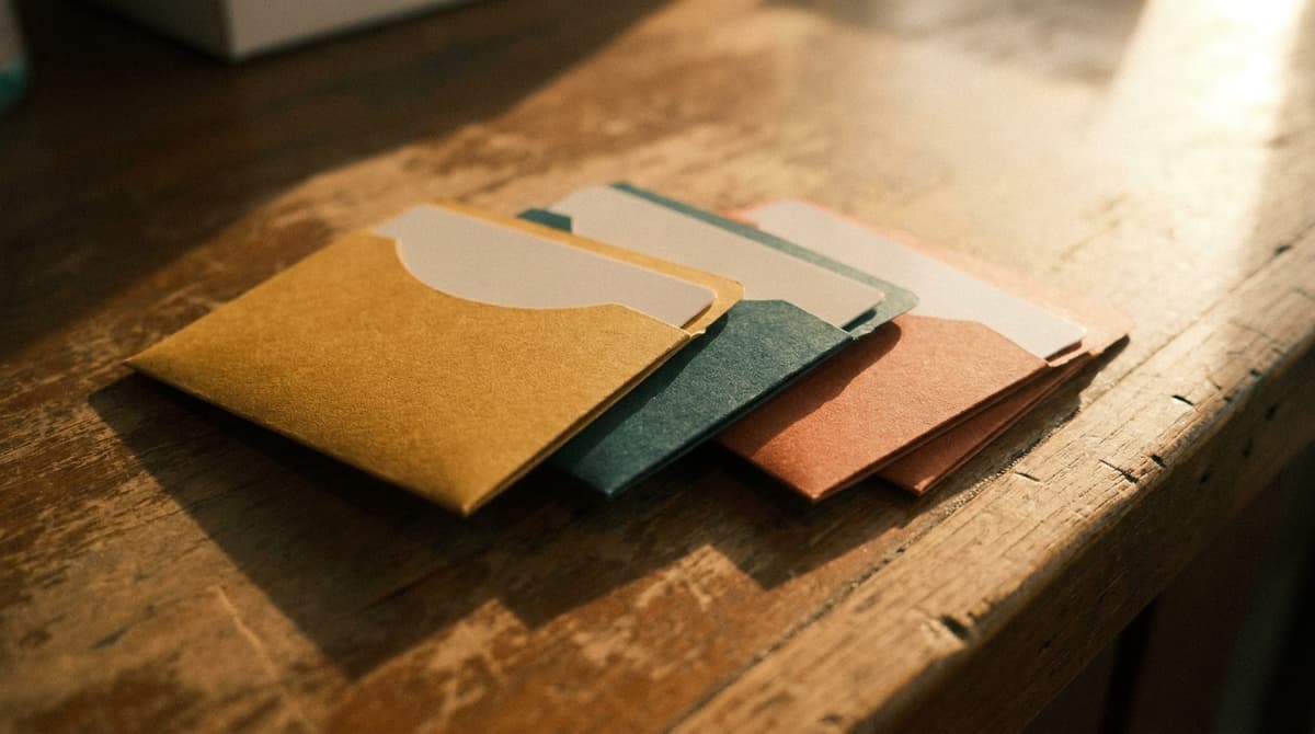 plain gift card sleeves on a wooden table