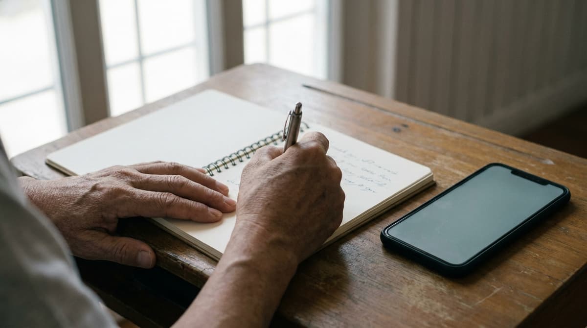 hands writing notes in a notebook beside a phone