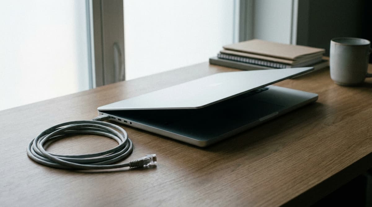 a closed laptop with its network cable unplugged