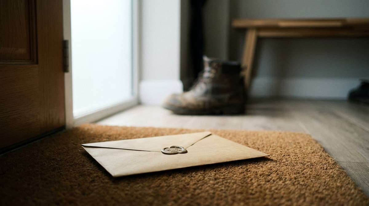 a sealed envelope on a doormat inside a front door