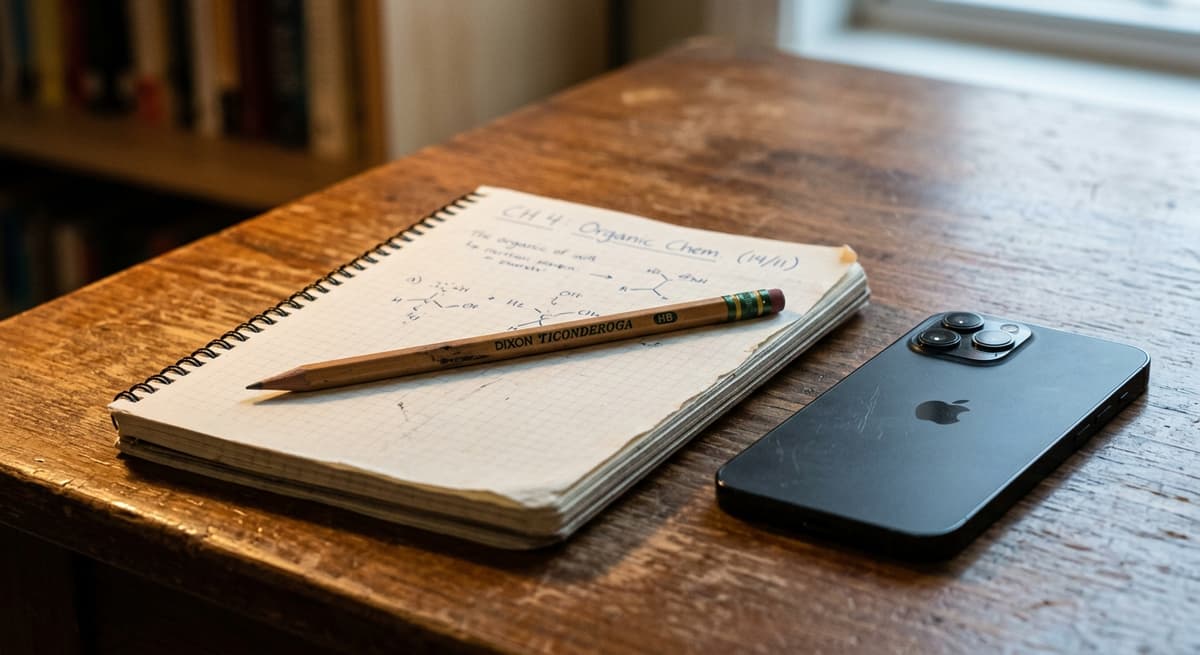 Kentucky student desk with a notebook, pencil, and smartphone lying face down