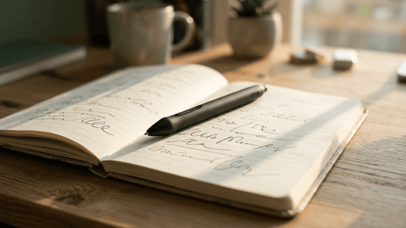 Texas smart pen on a notebook page with handwritten notes, desk setting