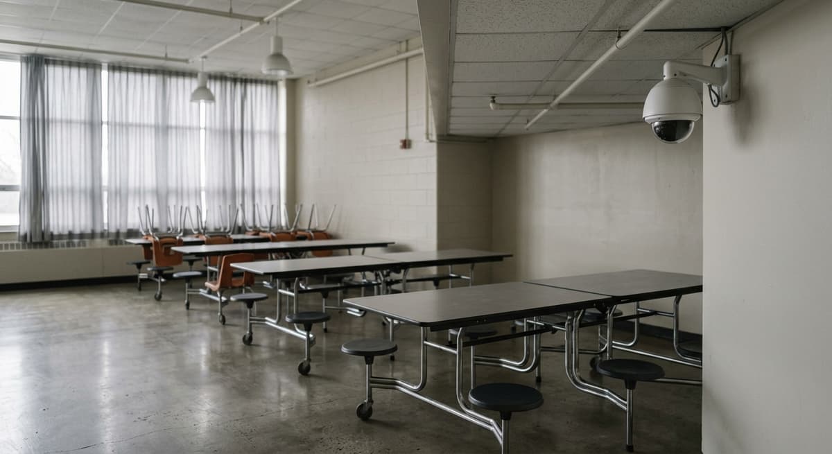 Texas school cafeteria with empty tables and a ceiling-mounted camera in the corner