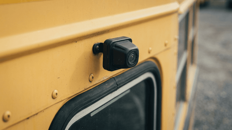 California school bus exterior side view parked in a lot, camera visible on the exterior