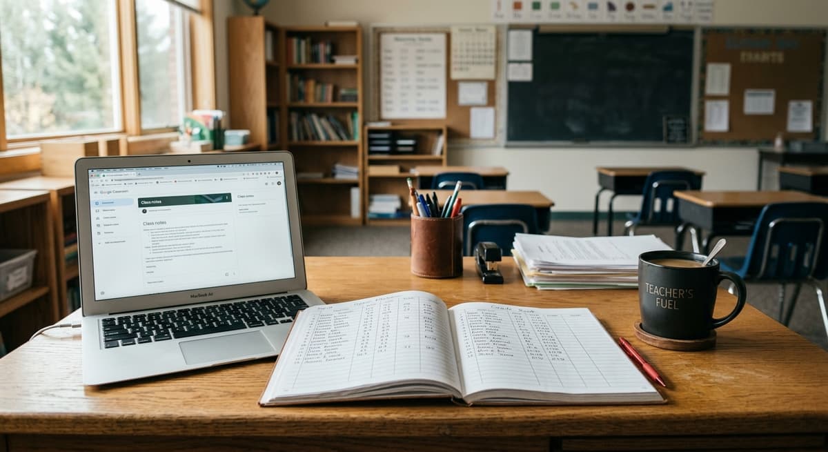 West Virginia teacher desk with a grade book, coffee mug, and laptop, classroom background