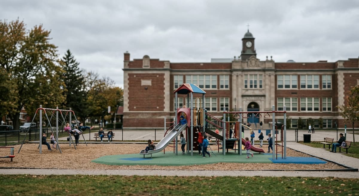Virginia playground equipment viewed from a distance with school building in background