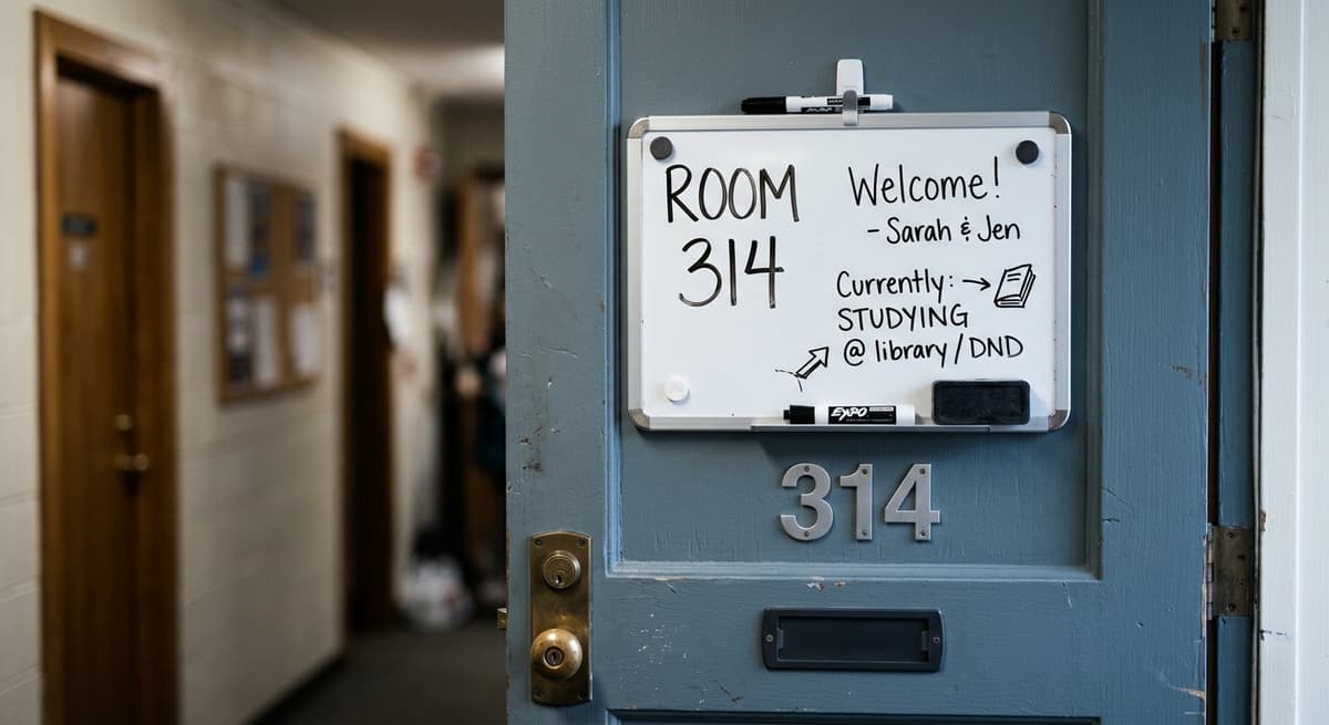 Connecticut college dorm room door with a whiteboard and room number