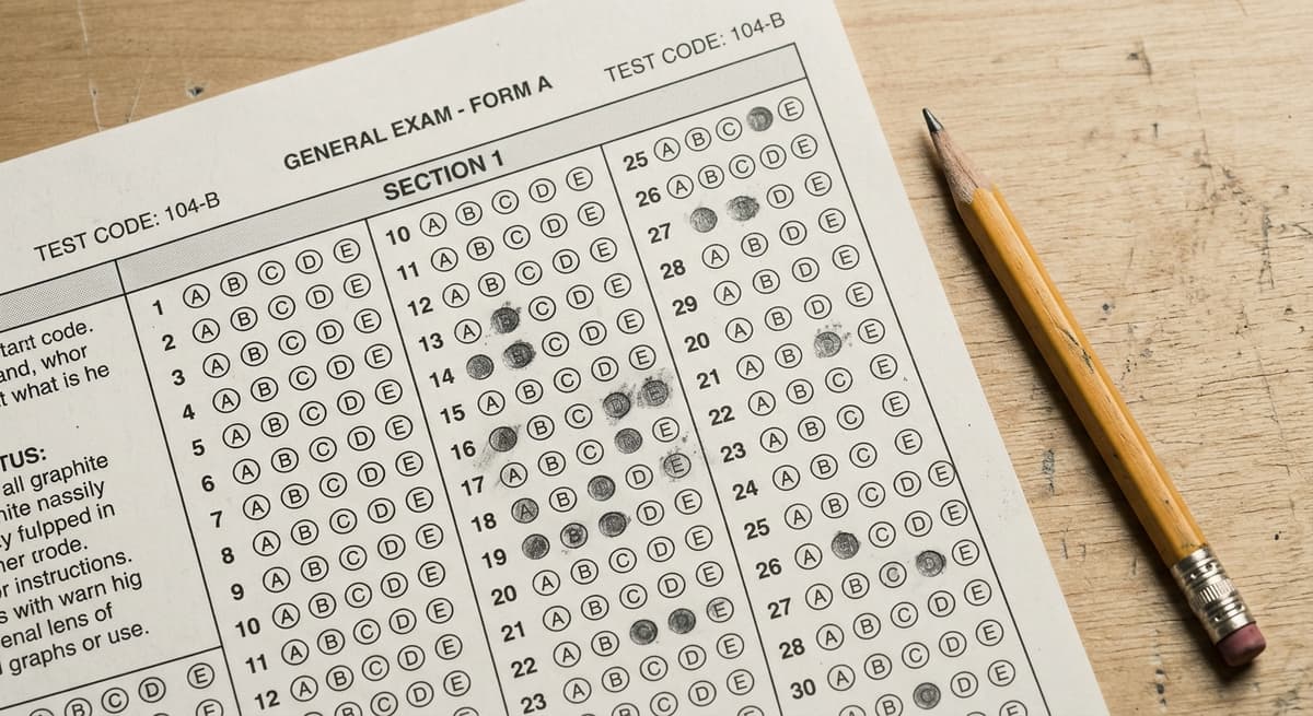 Virginia standardized test answer sheet with pencil marks, close-up on desk