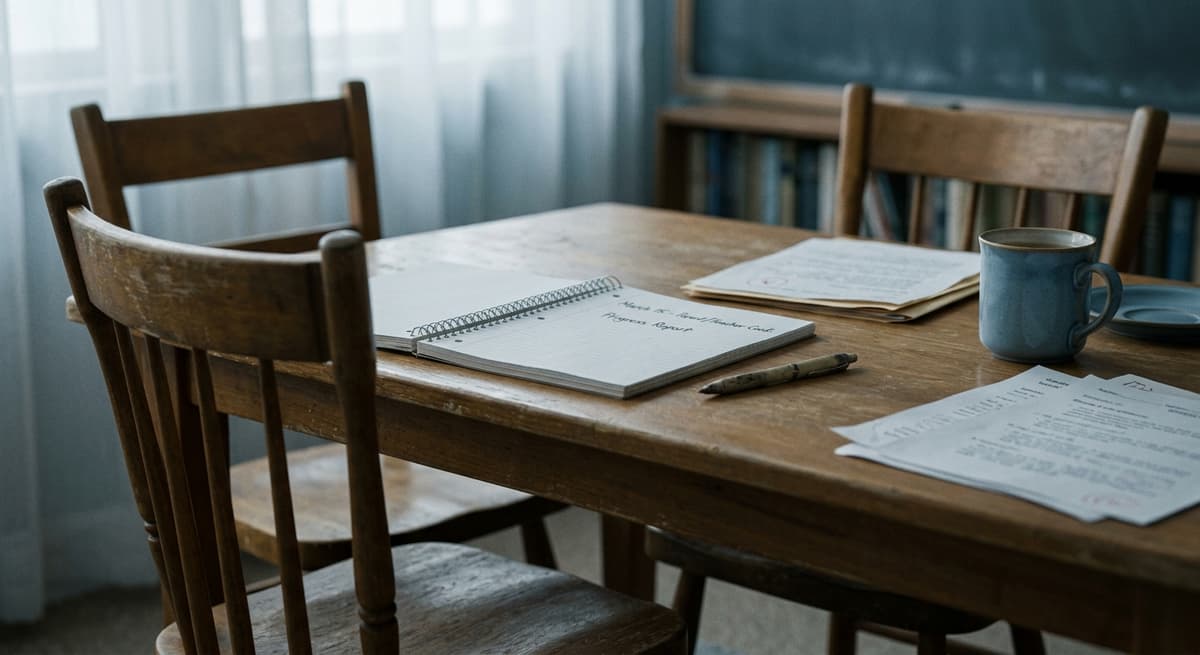 Delaware parent-teacher conference table with two chairs facing each other