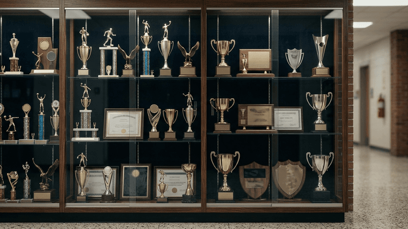 Connecticut trophy case in a school hallway with glass doors and overhead lighting