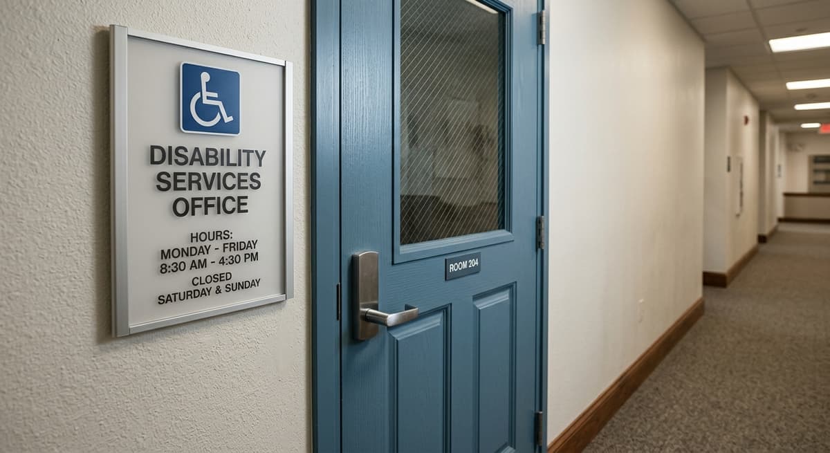 Connecticut disability services office door with accessibility symbol and hours posted