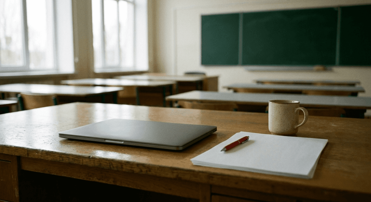 teacher desk with a closed laptop, a mug, a red pen and blank paper in an empty classroom