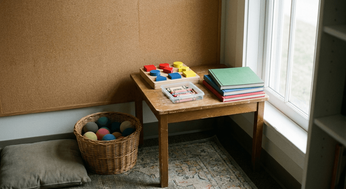 Rincón de un aula de recursos de educación especial con una mesa pequeña, un rompecabezas de formas, crayones y libros