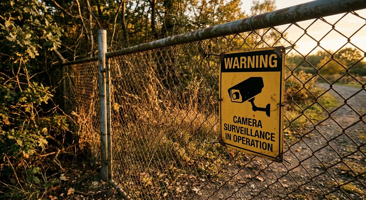 Camera surveillance warning sign posted on a chain-link fence