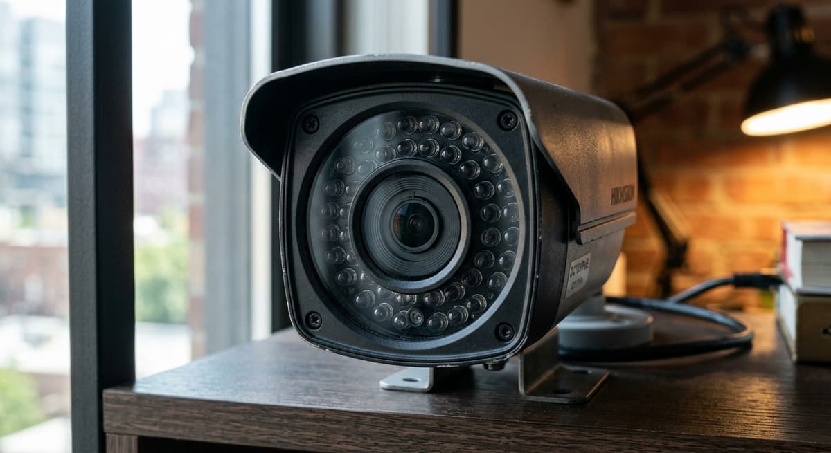 Texas close-up of a security camera lens with infrared leds surrounding it