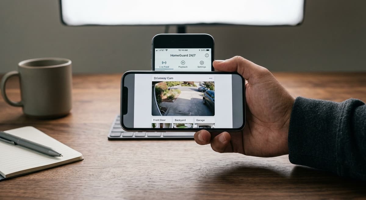 Virginia smartphone showing a security camera app with live feed thumbnail, held over a d