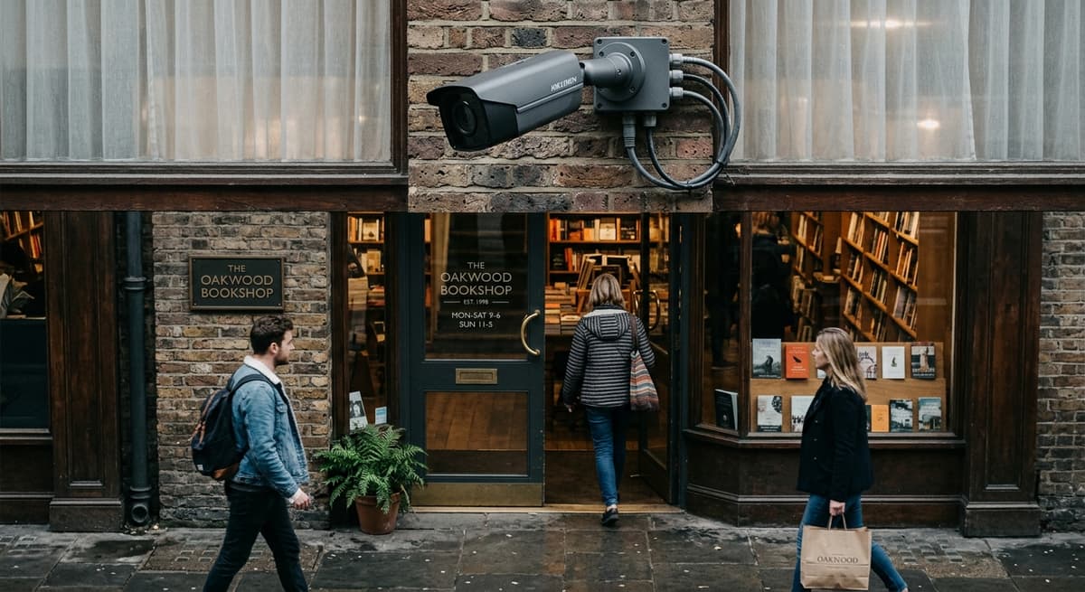 Virginia security camera mounted above a retail store entrance, customers area below