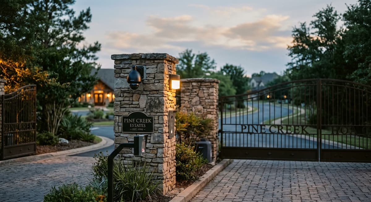 California hoa community entrance gate with a security camera on the pillar