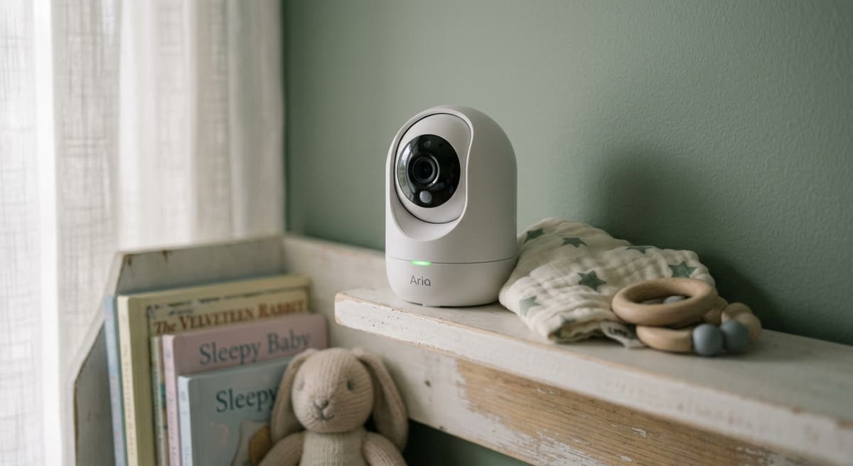 Kansas baby monitor camera on a nursery shelf with a small green indicator light