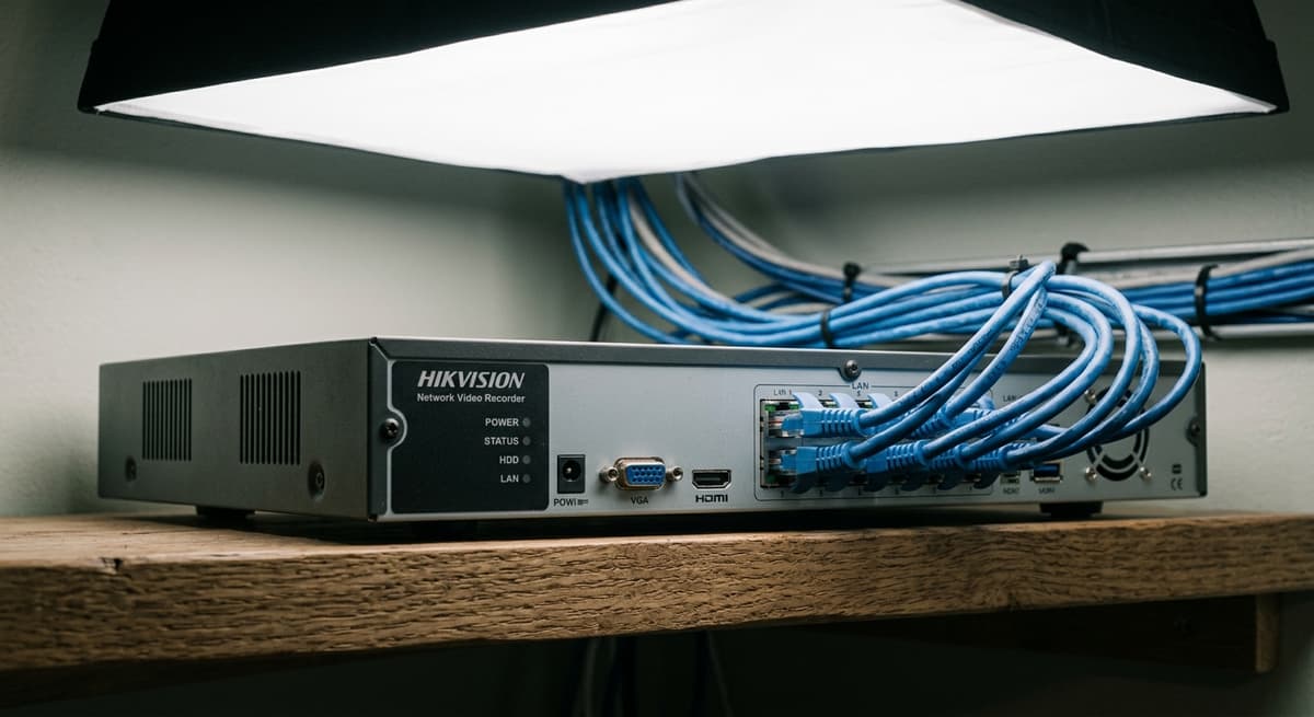 Connecticut network video recorder (nvr) box with ethernet cables on a shelf
