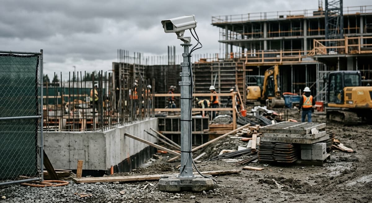 California construction site with a temporary security camera on a portable pole