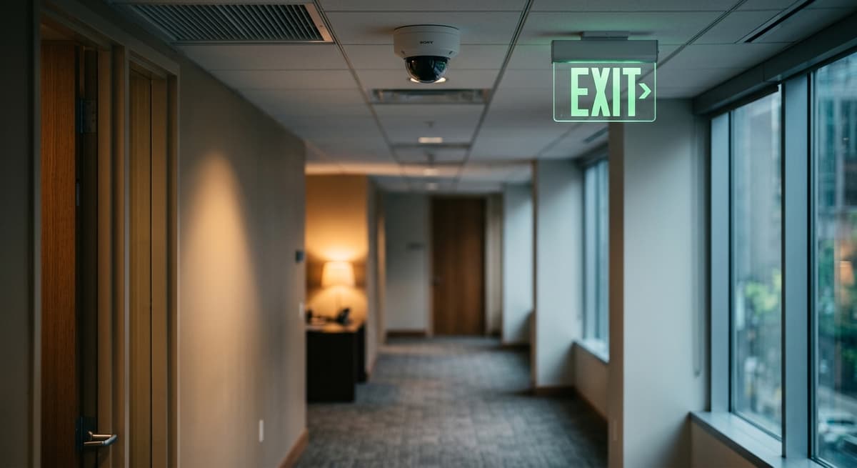 Texas office hallway with a ceiling-mounted camera and exit sign visible