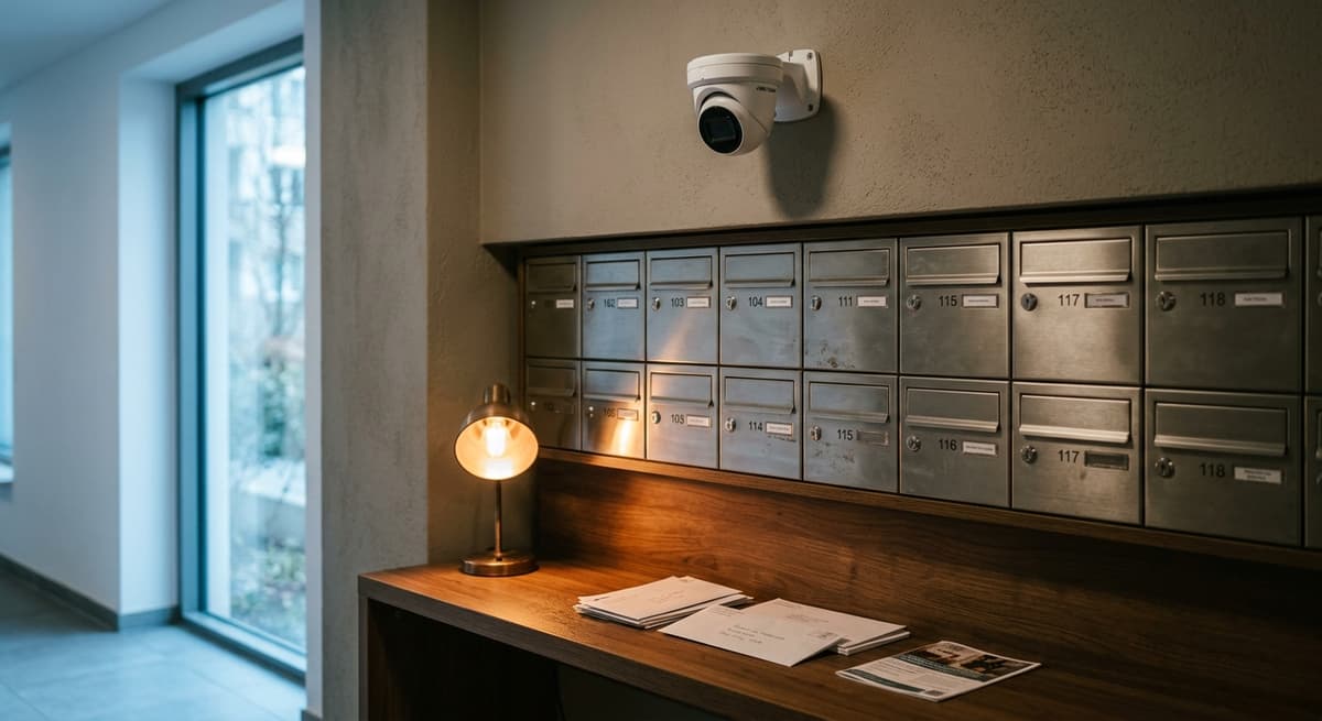 Delaware mailbox area in an apartment complex with a small camera mounted above