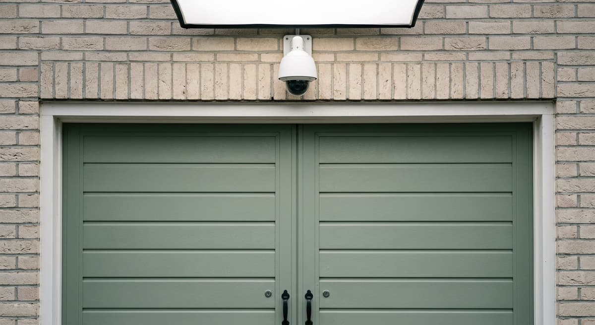 Kentucky garage door with a security camera mounted above it on the exterior wall