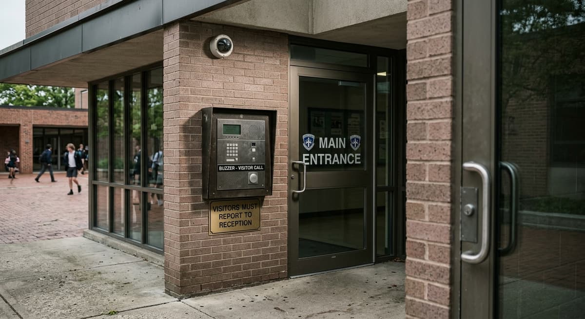 Massachusetts school building entrance with a security camera and visitor buzzer panel
